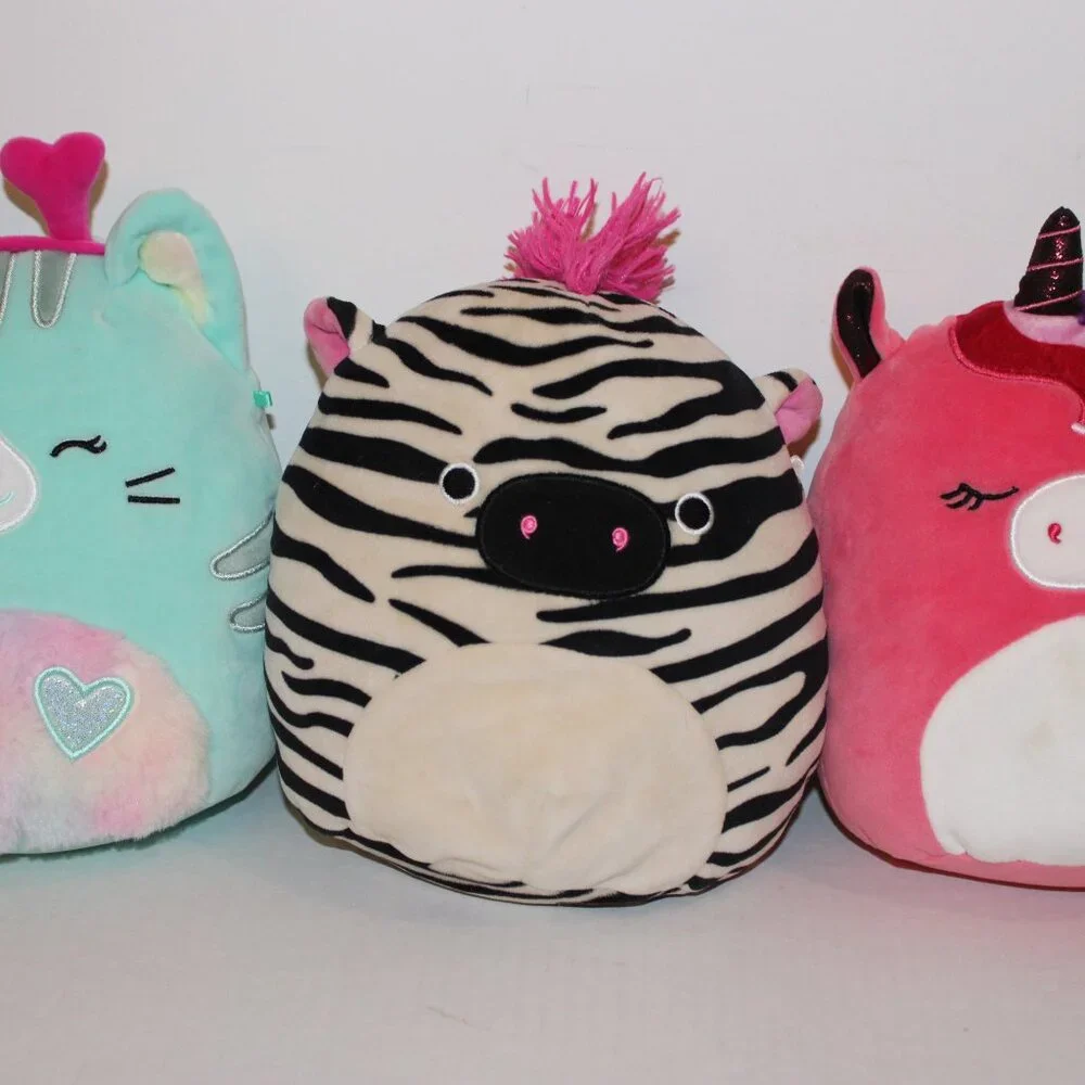 Squishmallows, Lot of 3 , Gal the Unicorn, Tracey the Zebra, Corrina the Cat
